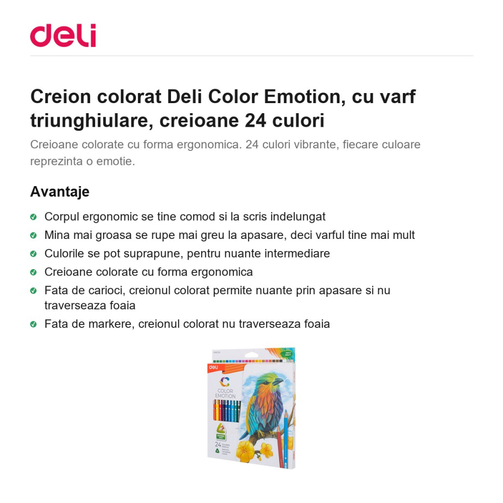 Creion colorat Deli Color Emotion, cu varf triunghiulare, creioane 24 culori [2]