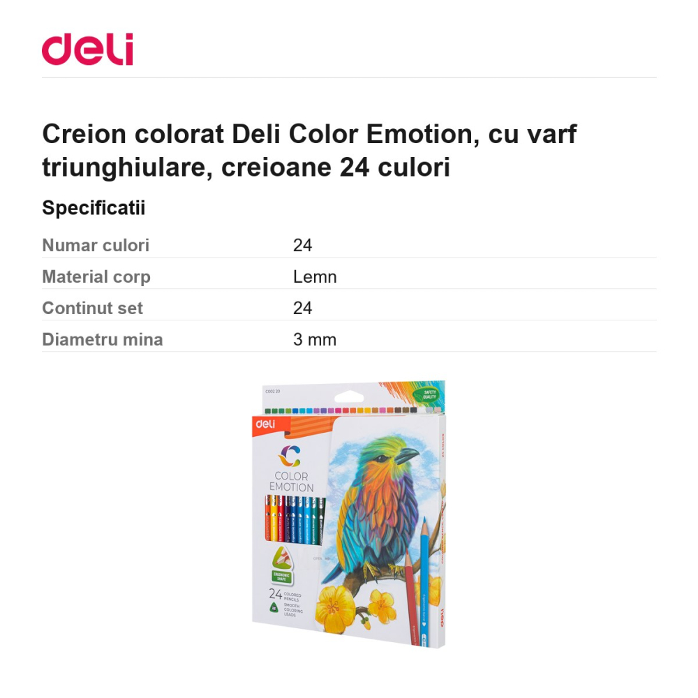 Creion colorat Deli Color Emotion, cu varf triunghiulare, creioane 24 culori [3]