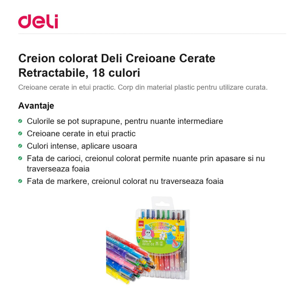 Creion colorat Deli Creioane Cerate Retractabile, 18 culori [2]