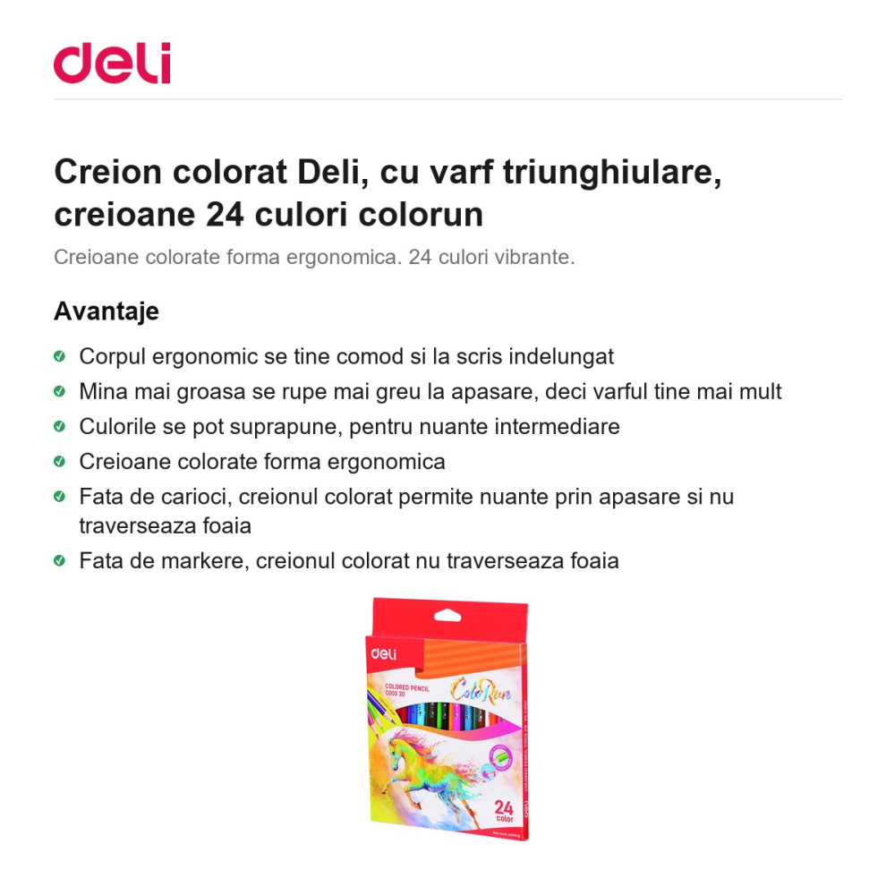 Creion colorat Deli, cu varf triunghiulare, creioane 24 culori colorun [2]