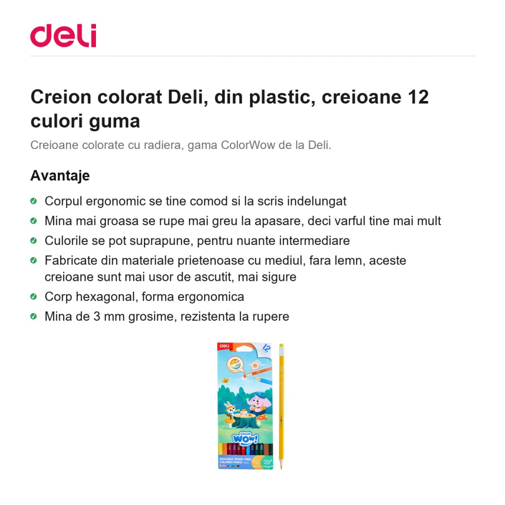 Creion colorat Deli, din plastic, creioane 12 culori guma [2]