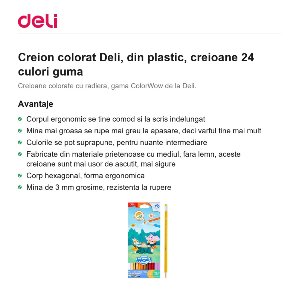 Creion colorat Deli, din plastic, creioane 24 culori guma [2]
