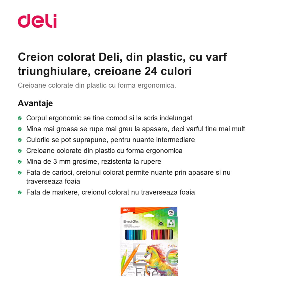 Creion colorat Deli, din plastic, cu varf triunghiulare, creioane 24 culori [2]