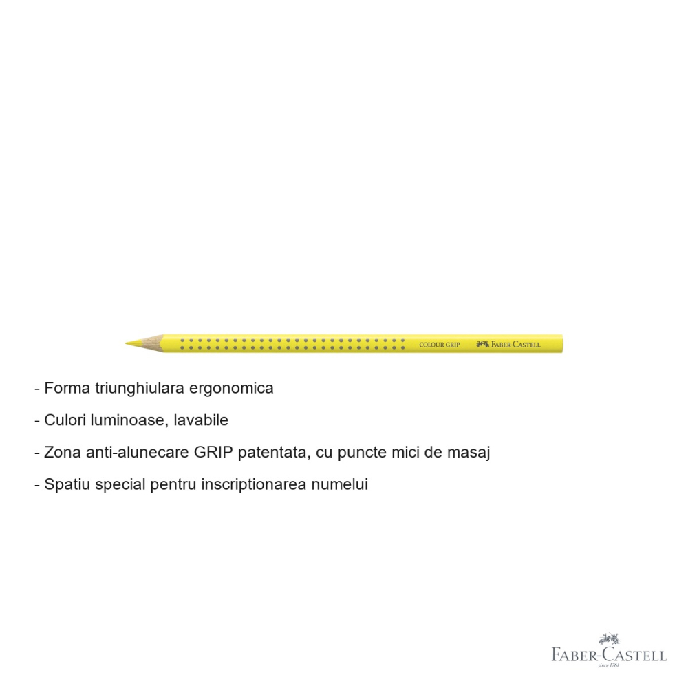 Creion colorat Faber-Castell Grip, galben cadmium deschis, forma triunghiulara ergonomica, pentru copii [2]