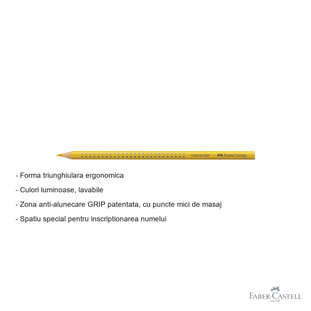 Creion colorat Faber-Castell Grip, galben cadmium inchis, forma triunghiulara ergonomica, pentru copii [2]