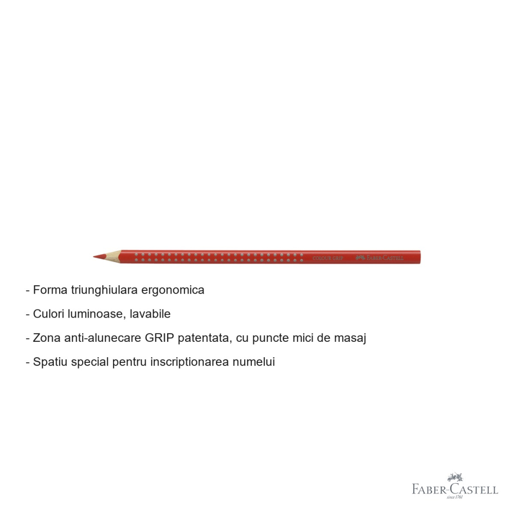 Creion colorat Faber-Castell Grip, rosu intens, forma triunghiulara ergonomica, pentru copii [2]