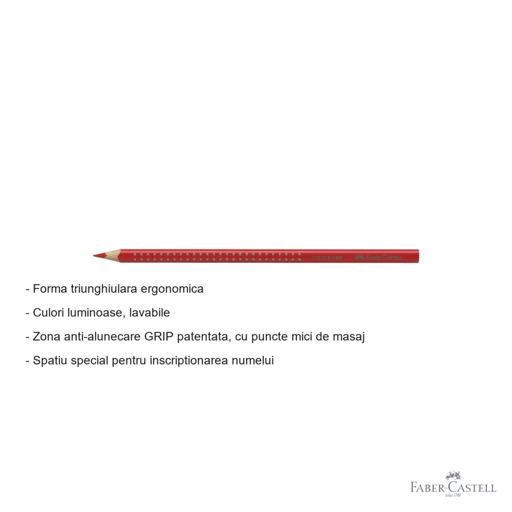 Creion colorat Faber-Castell Grip, rosu scarlet, forma triunghiulara ergonomica, pentru copii [2]