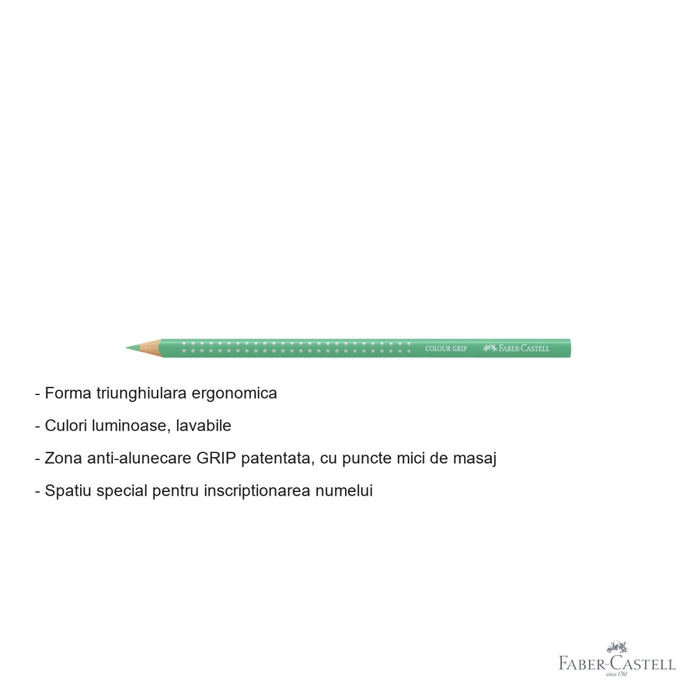 Creion colorat Faber-Castell Grip, verde phtalo deschis, forma triunghiulara ergonomica, pentru copii [2]