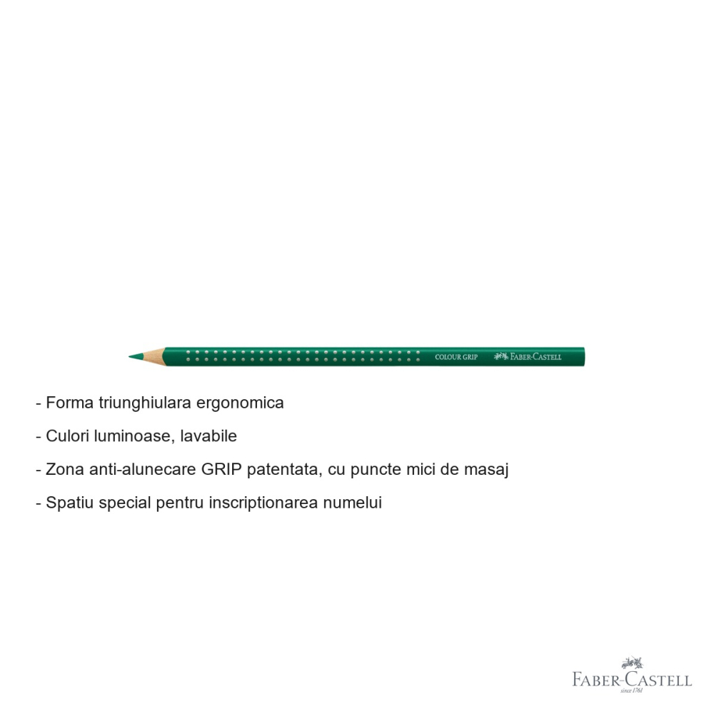 Creion colorat Faber-Castell Grip, verde phtalo, forma triunghiulara ergonomica, pentru copii [2]