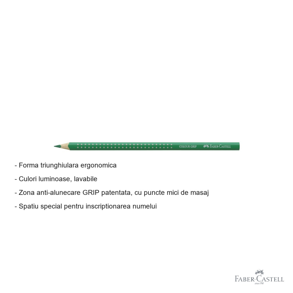 Creion colorat Faber-Castell Grip, verde smarald, forma triunghiulara ergonomica, pentru copii [2]