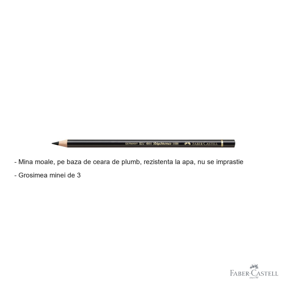 Creion colorat Faber-Castell Polychromos negru, mina 3.8 mm pe baza de ceara, rezistent la apa, pentru desen artistic [2]