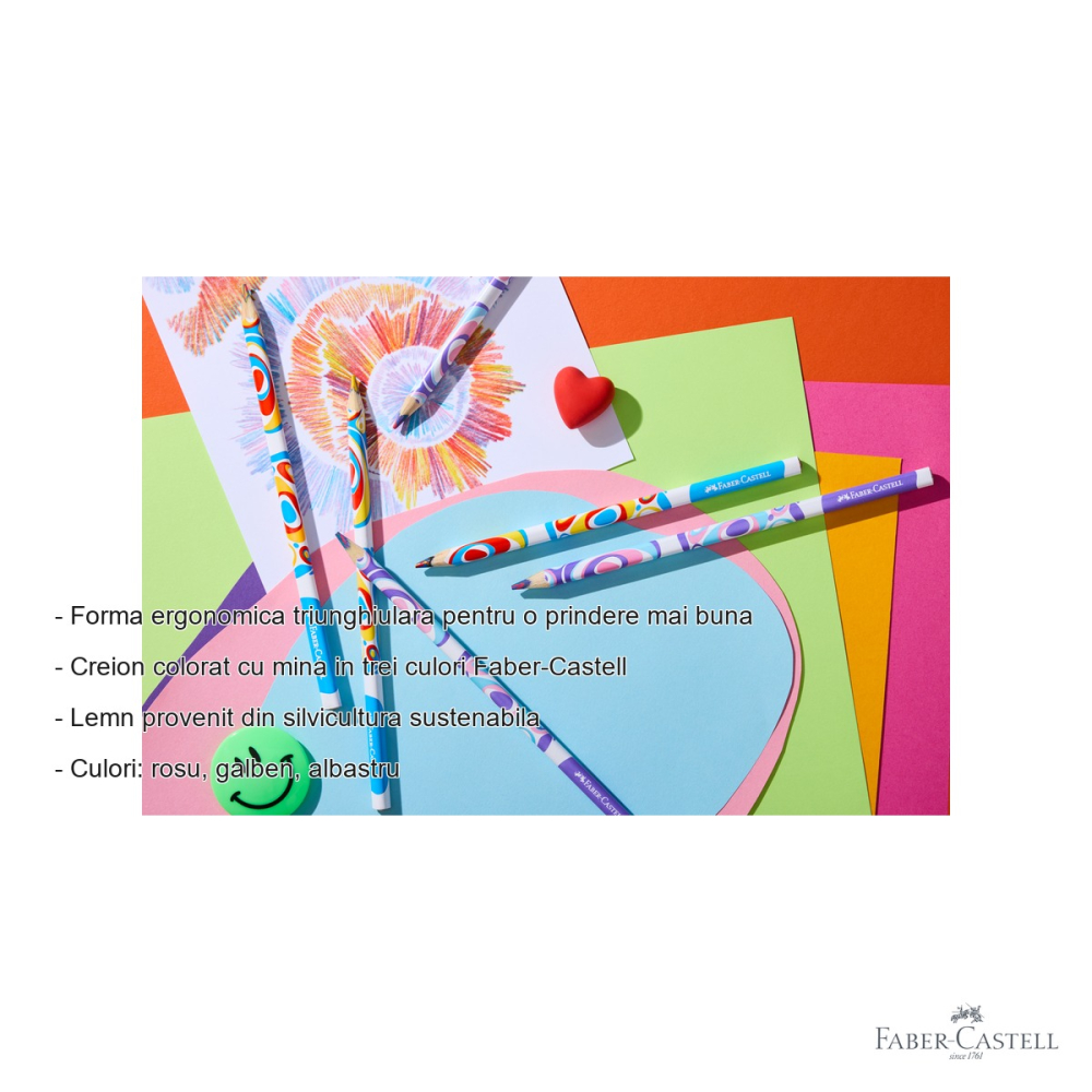 Creion colorat tricolor Faber-Castell, mina rosie-galbena-albastra, forma ergonomica triunghiulara, pentru copii [2]
