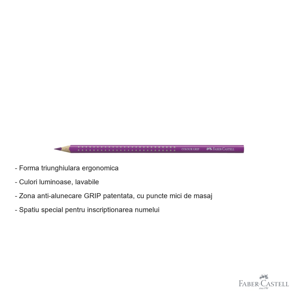 Creion colorat triunghiular Faber-Castell Grip, culoare Violet Crimson, ergonomic, pentru copii [2]