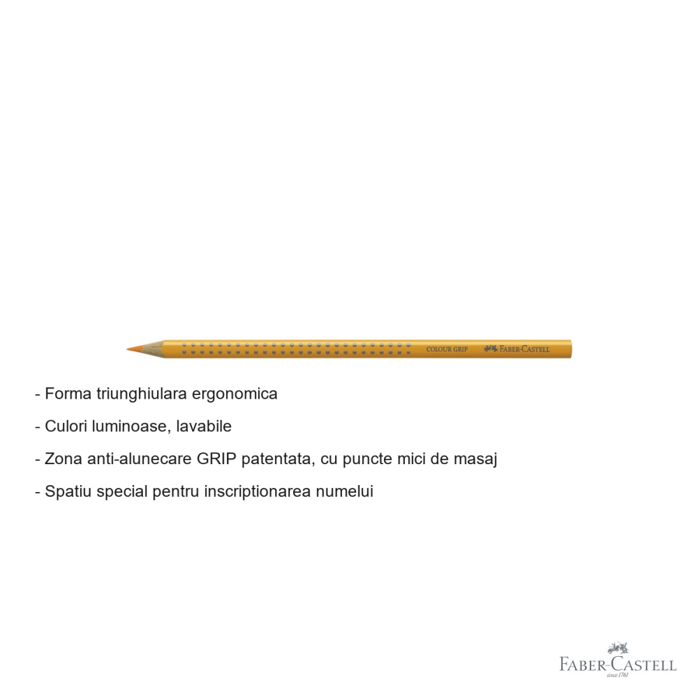 Creion colorat triunghiular Faber-Castell Grip, galben cadmium inchis, ergonomic, pentru copii [2]