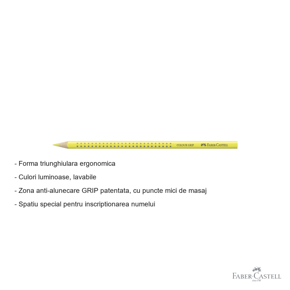 Creion colorat triunghiular Faber-Castell Grip, galben deschis, ergonomic, pentru copii [2]