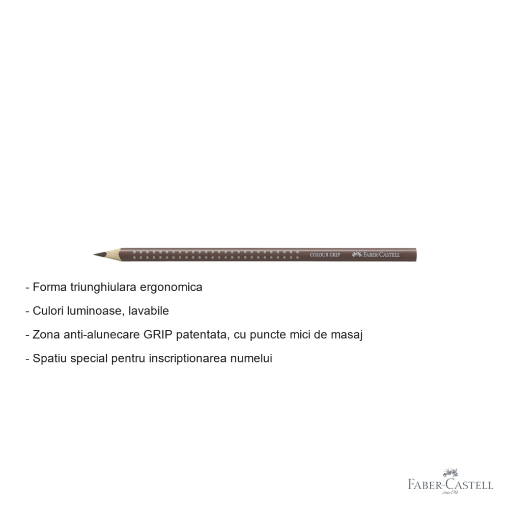 Creion colorat triunghiular Faber-Castell Grip, maro Van Dyke, ergonomic, pentru copii [2]