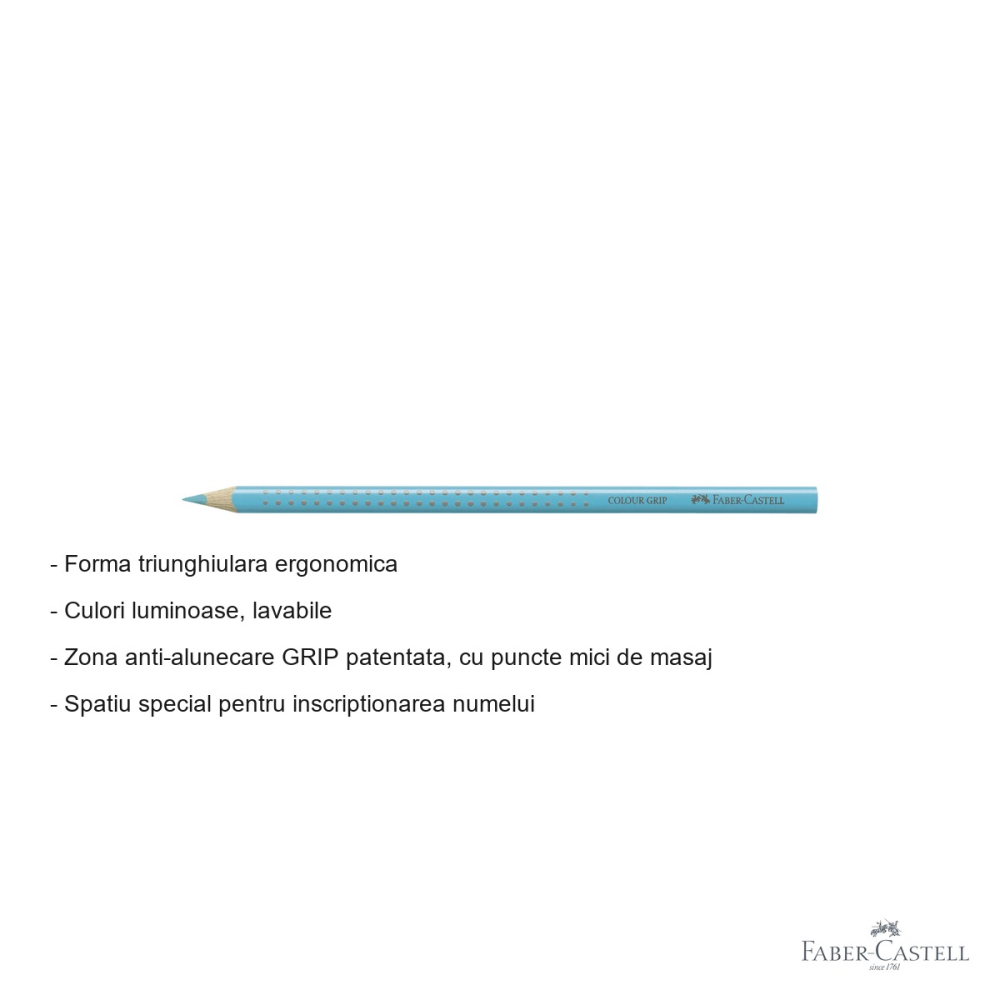 Creion colorat triunghiular Faber-Castell Grip, turcoaz cobalt deschis, ergonomic, pentru copii [2]