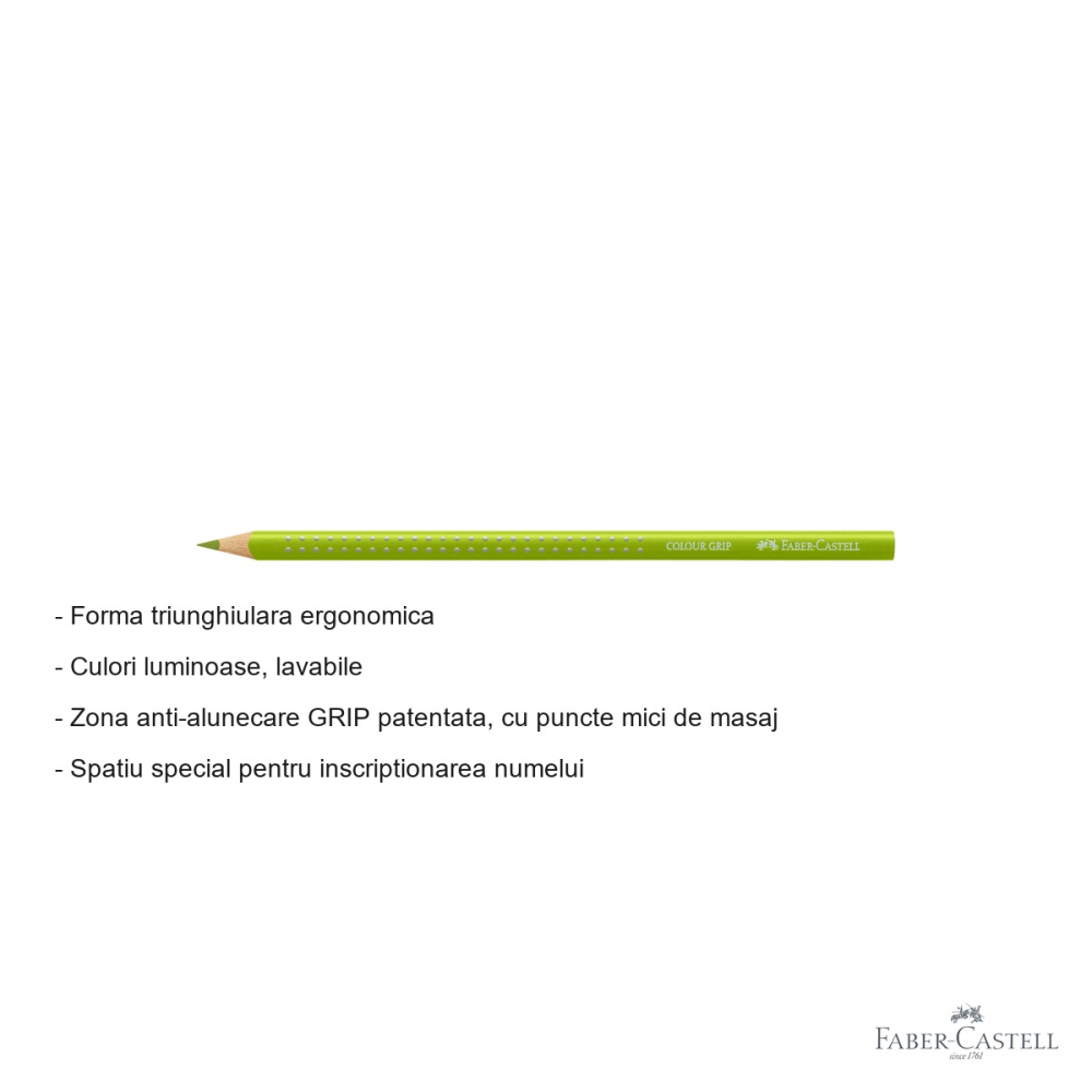 Creion colorat triunghiular Faber-Castell Grip, verde mai, ergonomic, pentru copii [2]