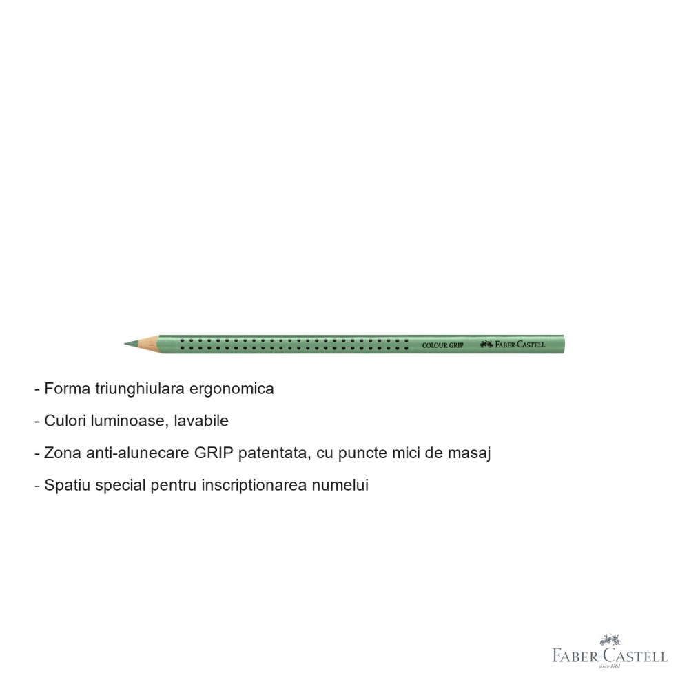 Creion colorat triunghiular Faber-Castell Grip, verde metalizat, ergonomic, pentru copii [2]