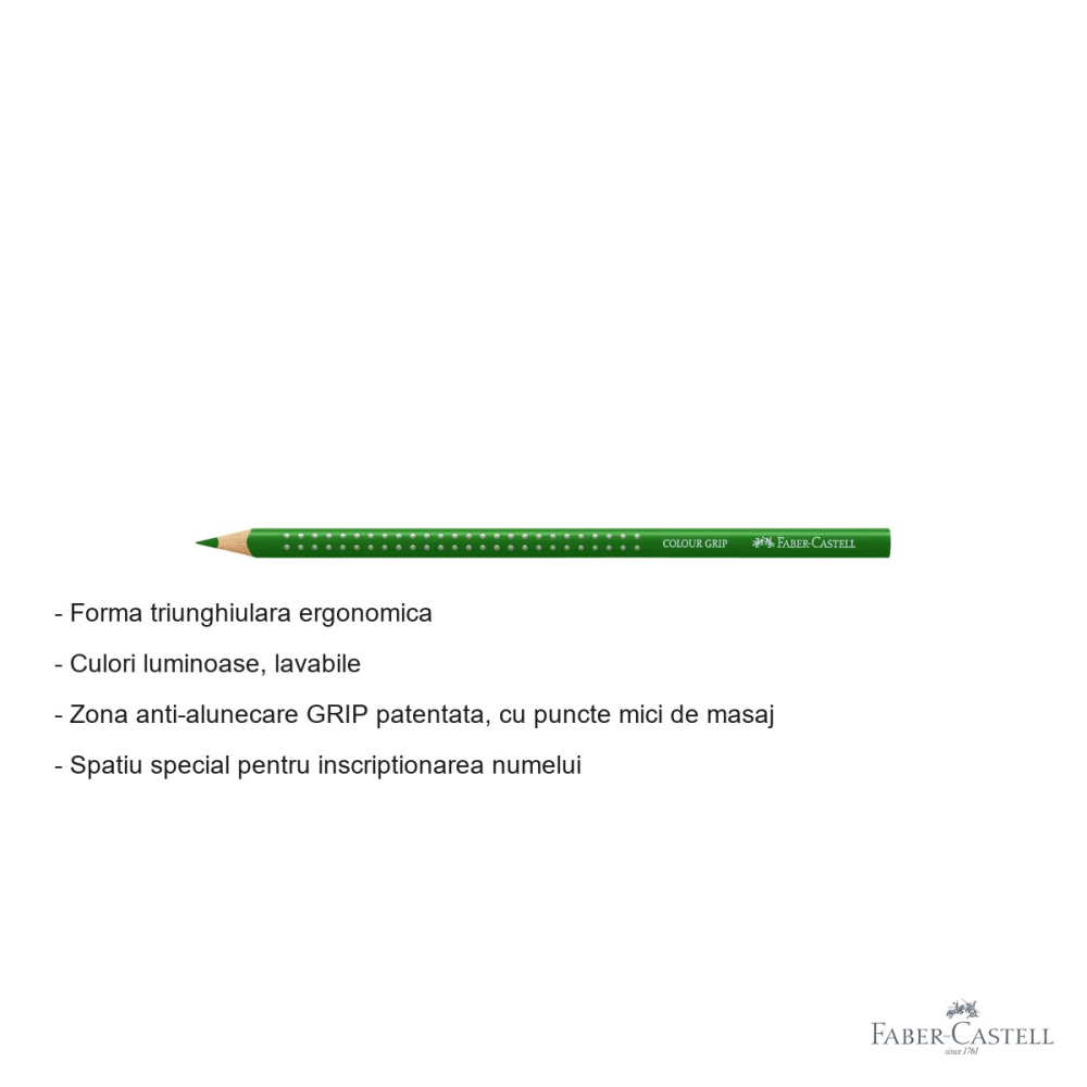 Creion colorat verde Faber-Castell Grip, forma triunghiulara ergonomica, pentru copii [2]