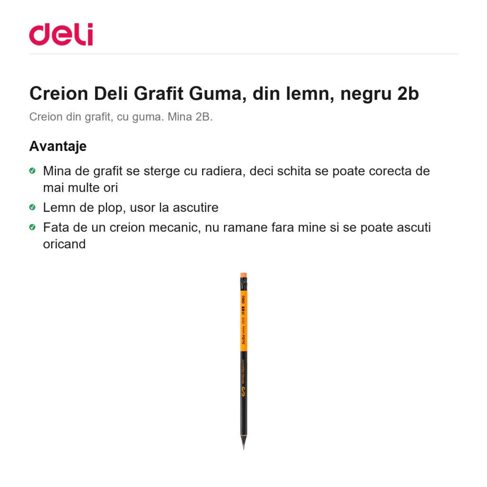 Creion Deli Grafit Guma, din lemn, negru 2b [2]