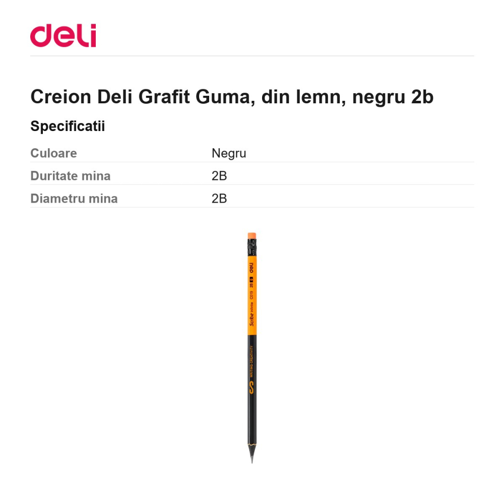 Creion Deli Grafit Guma, din lemn, negru 2b [3]