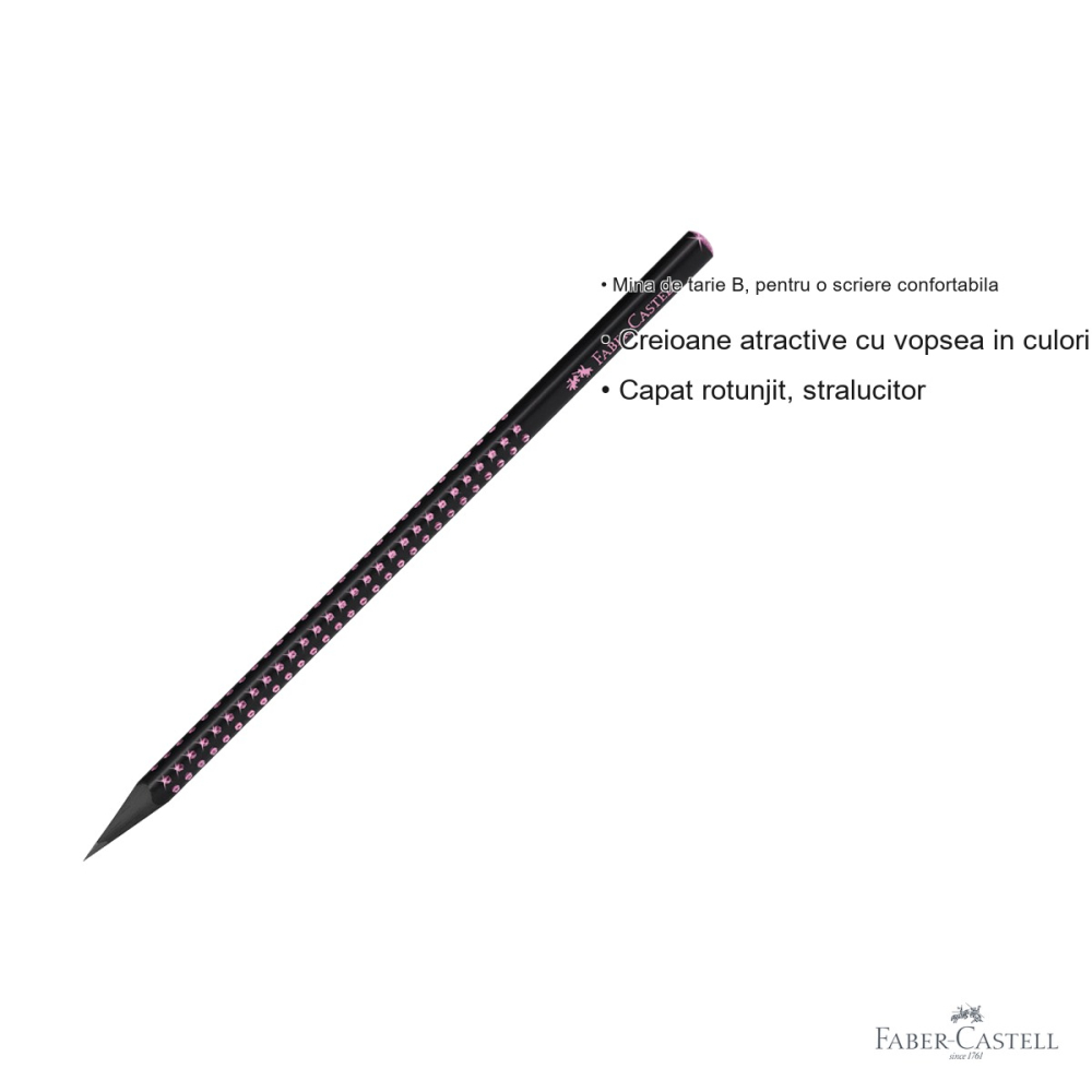 Creion grafit B Faber-Castell Sparkle Grip, lemn negru Midnight Rose, forma triunghiulara ergonomica [3]