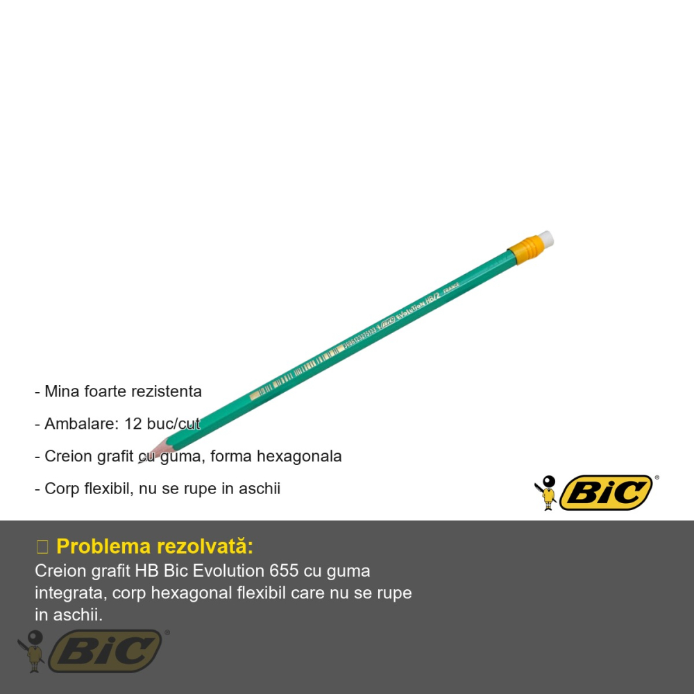 Creion grafit Bic Evolution 655 HB cu guma, corp hexagonal flexibil, pentru scoala si birou [2]