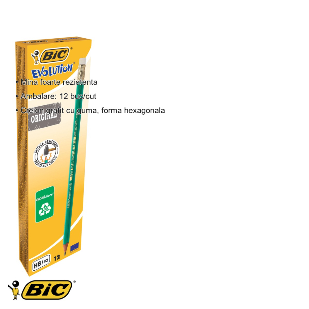 Creion grafit Bic Evolution 655 HB cu guma, corp hexagonal flexibil, pentru scoala si birou [3]