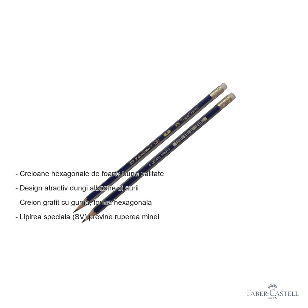 Creion grafit cu guma Faber-Castell Goldfaber 1221, mina B, forma hexagonala, pentru desen si scriere [2]