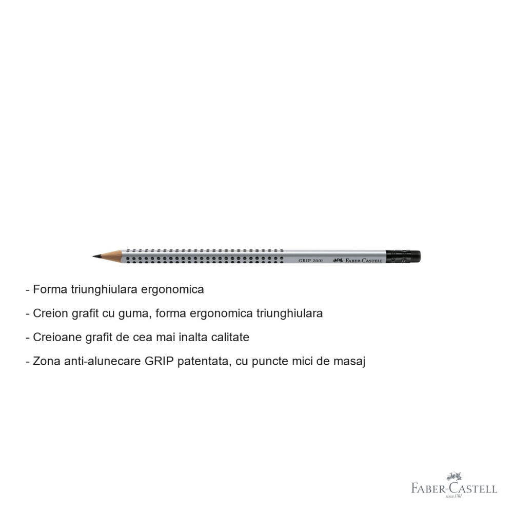 Creion grafit cu guma Faber-Castell Grip 2001, mina B, forma triunghiulara ergonomica [2]