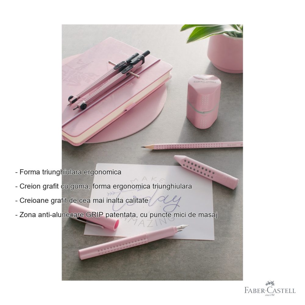 Creion grafit cu guma Faber-Castell Grip 2001 Rose, mina B, forma triunghiulara ergonomica [2]