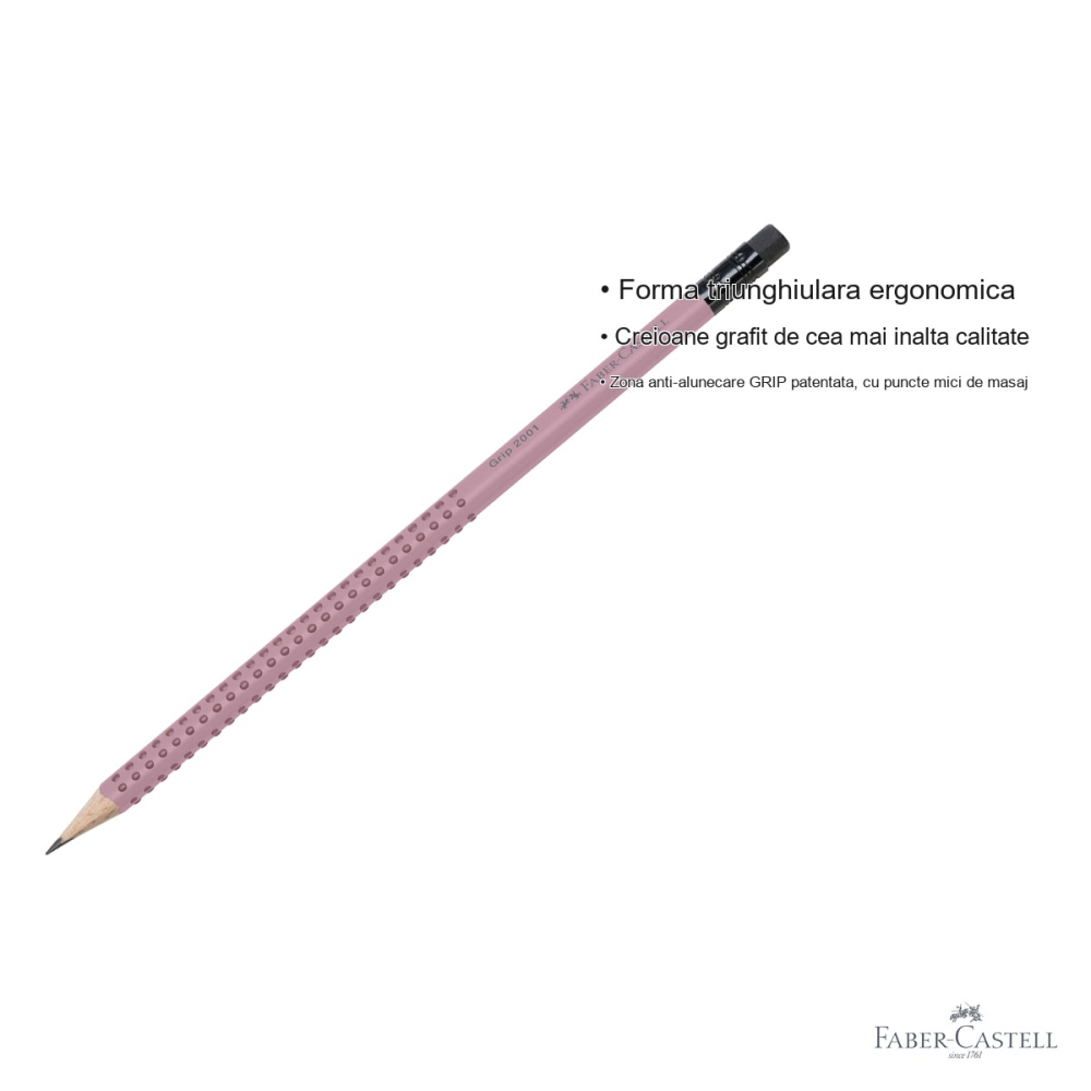 Creion grafit cu guma Faber-Castell Grip 2001 Rose, mina B, forma triunghiulara ergonomica [3]