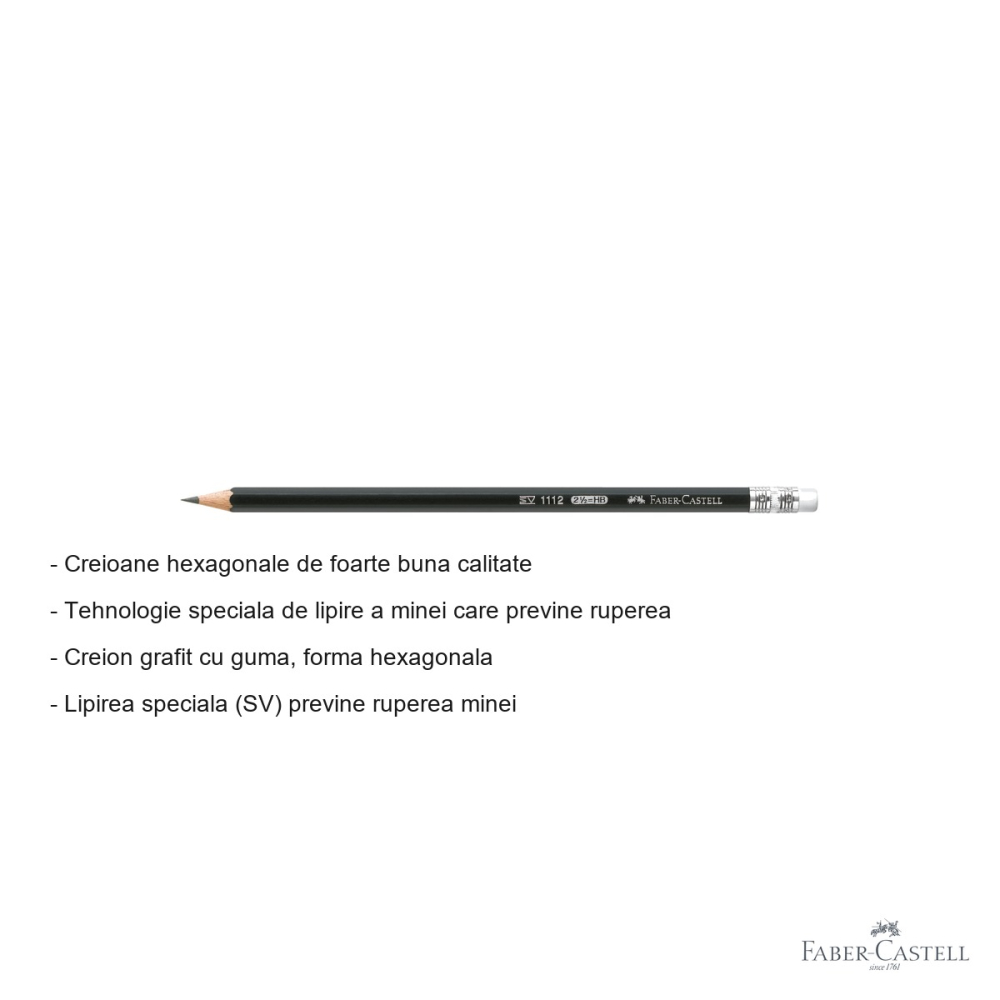 Creion grafit Faber-Castell 1112, mina HB cu guma, forma hexagonala, pentru scris si desen [2]