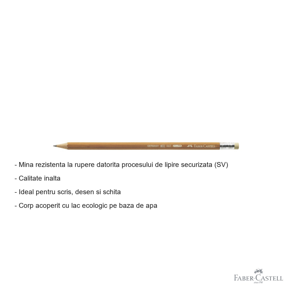Creion grafit Faber-Castell 1117 HB cu radiera, corp lacuit ecologic, pentru scris si desen [2]