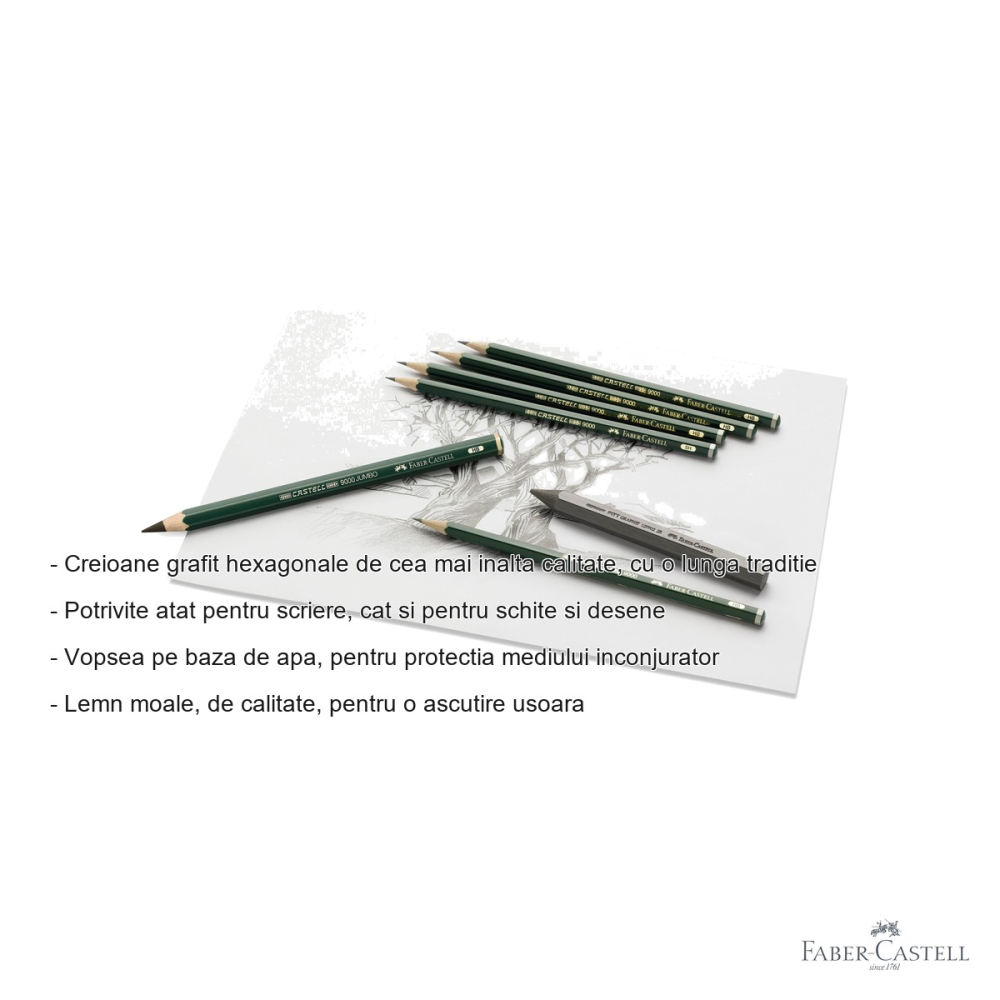 Creion grafit Faber-Castell Castell 9000, duritate 2B, hexagonal, pentru desen si schite [2]