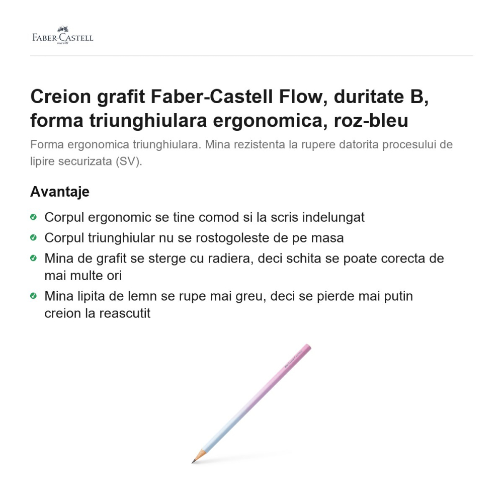 Creion grafit Faber-Castell Flow, duritate B, forma triunghiulara ergonomica, roz-bleu [2]
