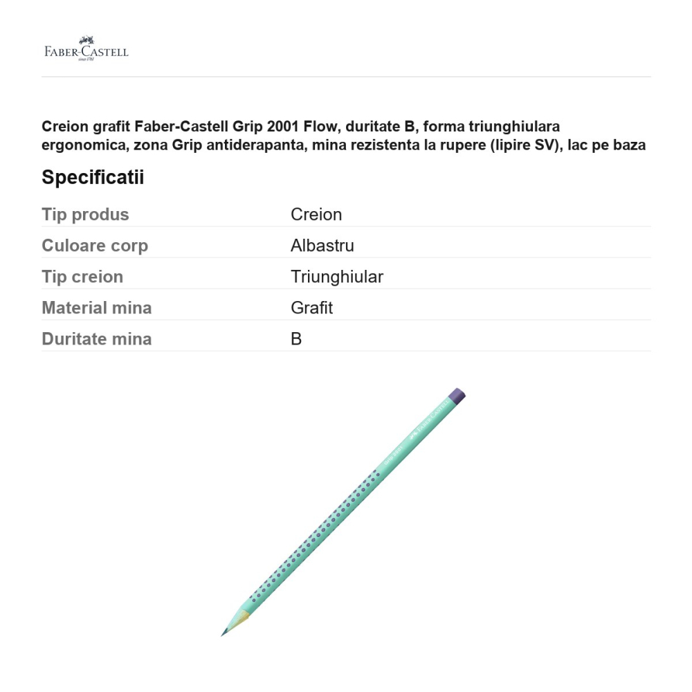 Creion grafit Faber-Castell Grip 2001 Flow, duritate B, forma triunghiulara ergonomica, zona Grip antiderapanta, mina rezistenta la rupere (lipire SV), lac pe baza de apa, Buzzing Blue [3]