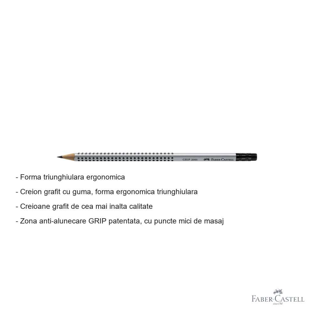 Creion grafit Faber-Castell Grip 2001, mina HB, forma triunghiulara ergonomica cu guma inclusa [2]