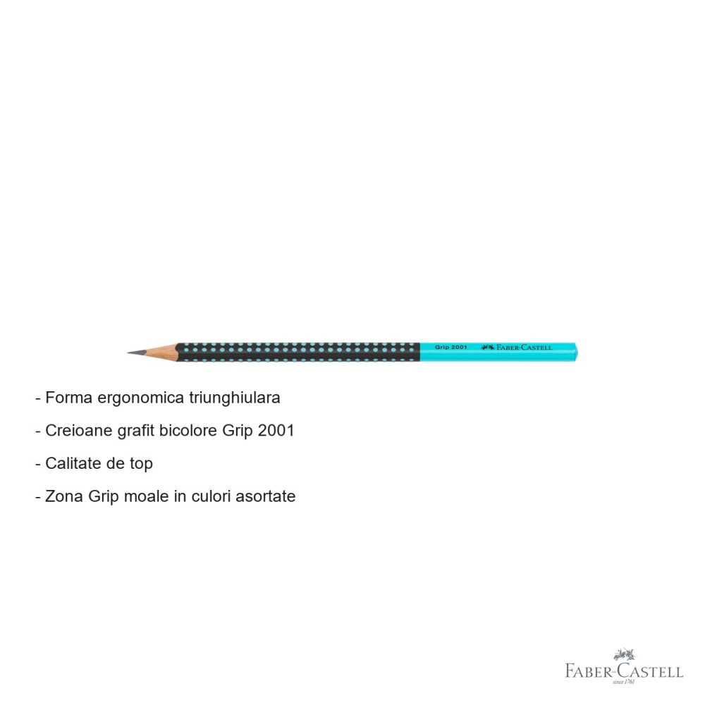 Creion grafit Faber-Castell Grip 2001 Two Tone, mina B, forma ergonomica triunghiulara, negru-turcoaz [2]