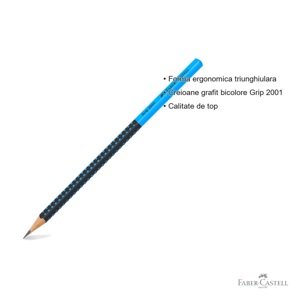 Creion grafit Faber-Castell Grip 2001 Two Tone, mina B, forma triunghiulara ergonomica, negru-bleu [3]