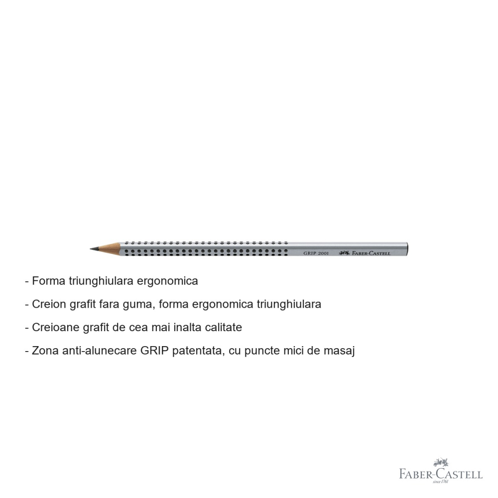 Creion grafit Faber-Castell H Grip 2001, forma triunghiulara ergonomica, mina H, fara guma [2]