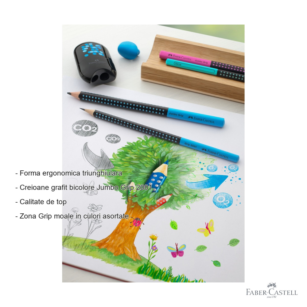 Creion grafit Faber-Castell Jumbo Grip Two Tone, mina B, forma ergonomica triunghiulara, negru-albastru [2]