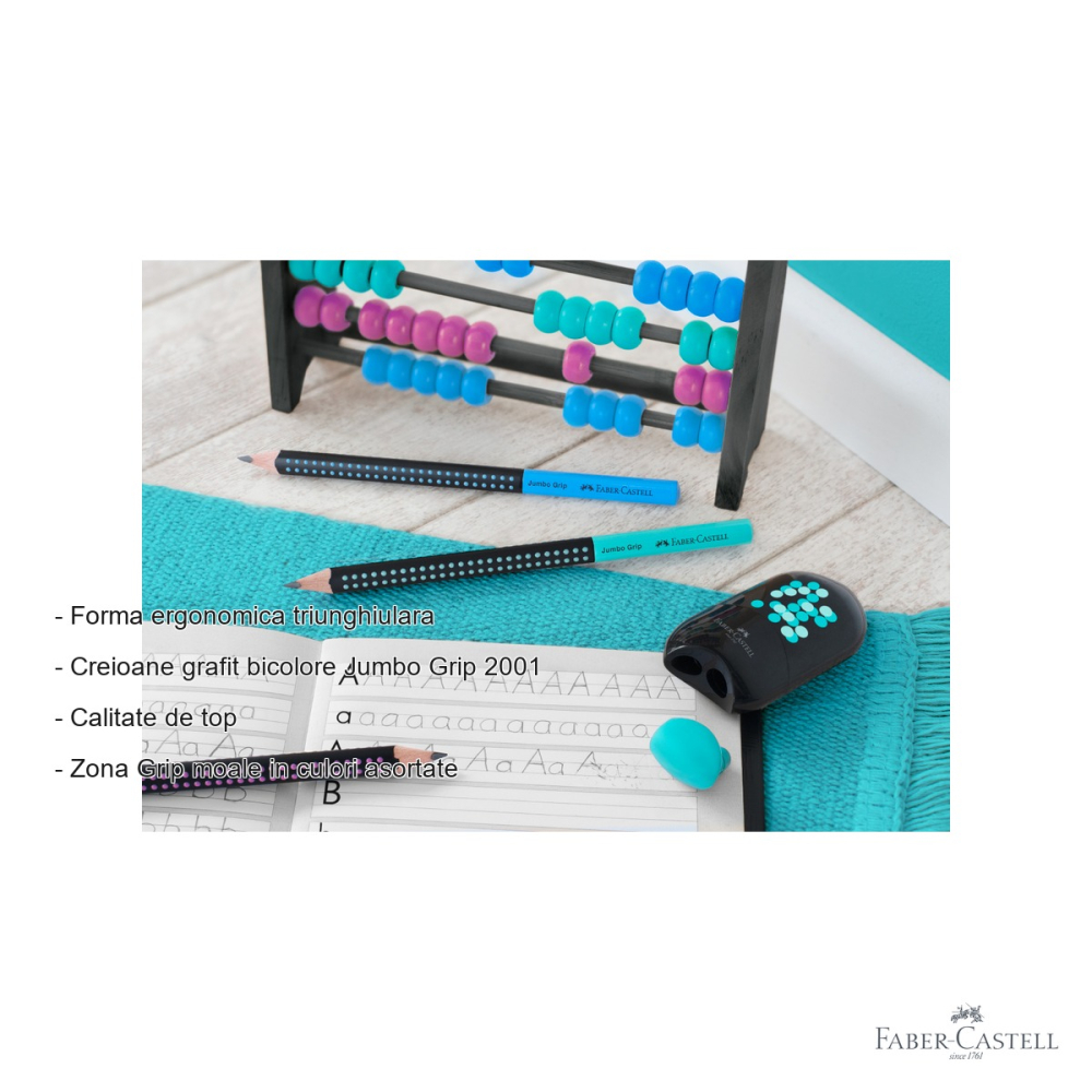 Creion grafit Faber-Castell Jumbo Grip Two Tone negru-roz, mina B, forma ergonomica triunghiulara [2]