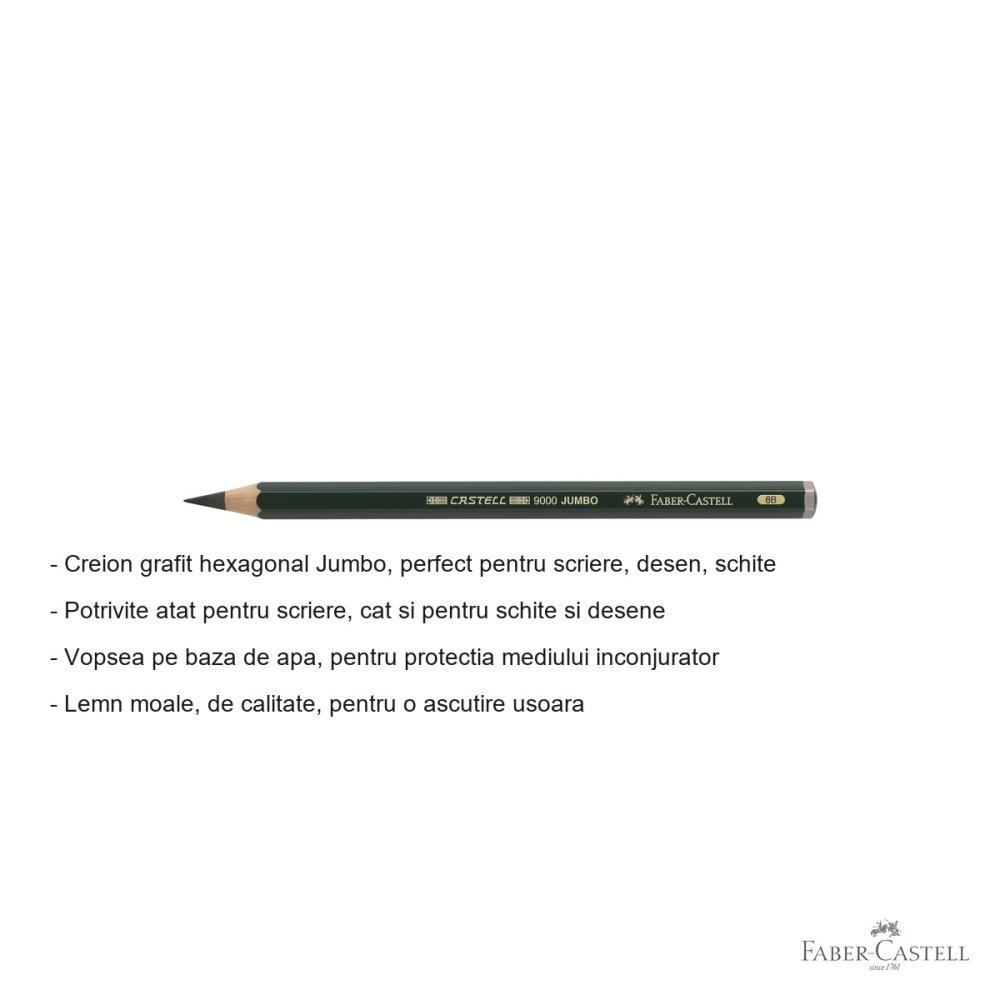 Creion grafit hexagonal Faber-Castell Castell 9000 Jumbo, mina 6B, pentru desen si schite [2]