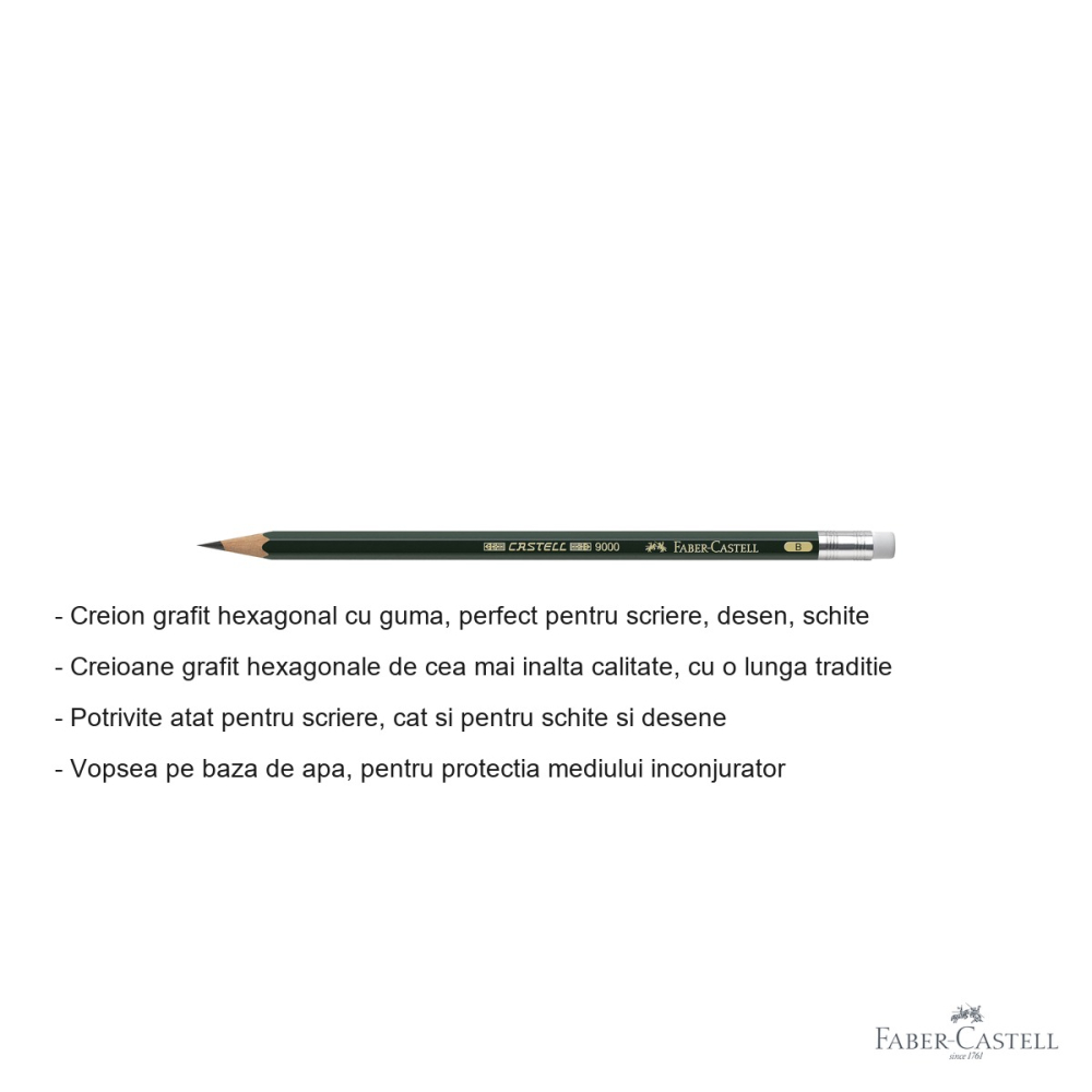 Creion grafit hexagonal Faber-Castell Castell 9000, mina B cu guma, pentru scriere si desen [2]