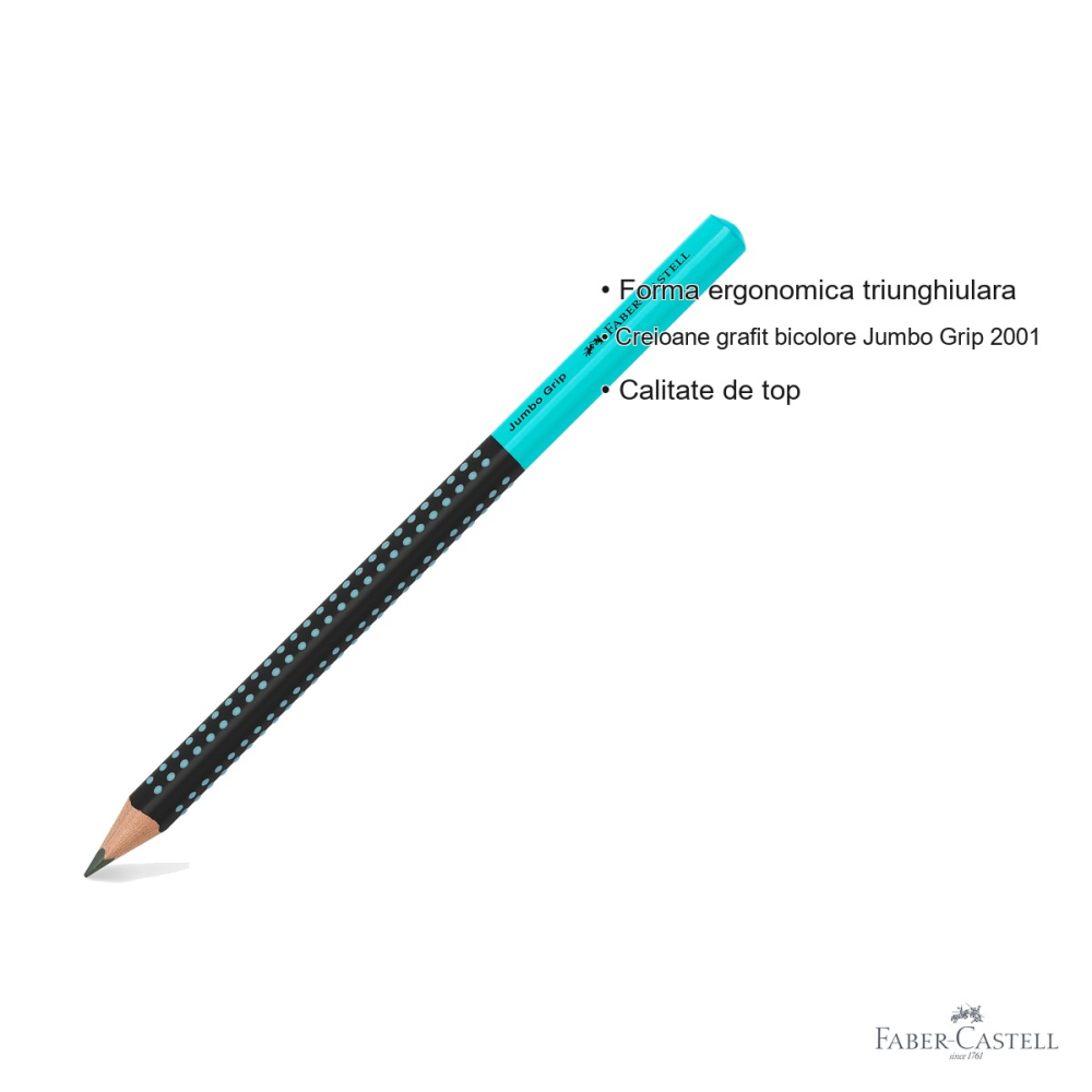Creion grafit Jumbo Grip Two Tone Faber-Castell, mina B, forma triunghiulara ergonomica, negru-turcoaz [3]