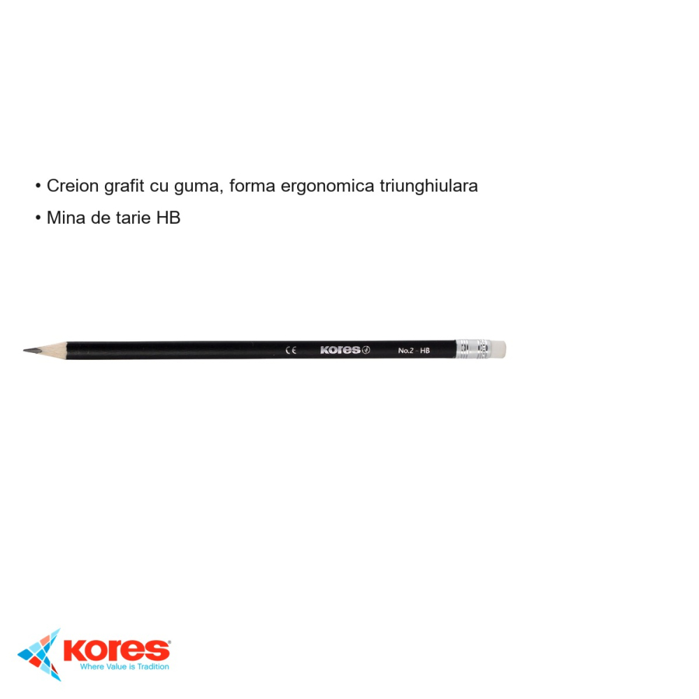 Creion grafit Kores HB cu guma, forma ergonomica triunghiulara, pentru scris si desen [3]