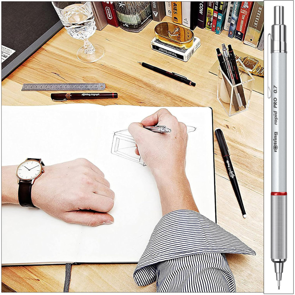 Creion Mecanic 0.7mm cu Sistem Reglabil Tarie Mina pentru Scris si Desen, cu Finisaj Argintiu si Grip Randalinat [6]