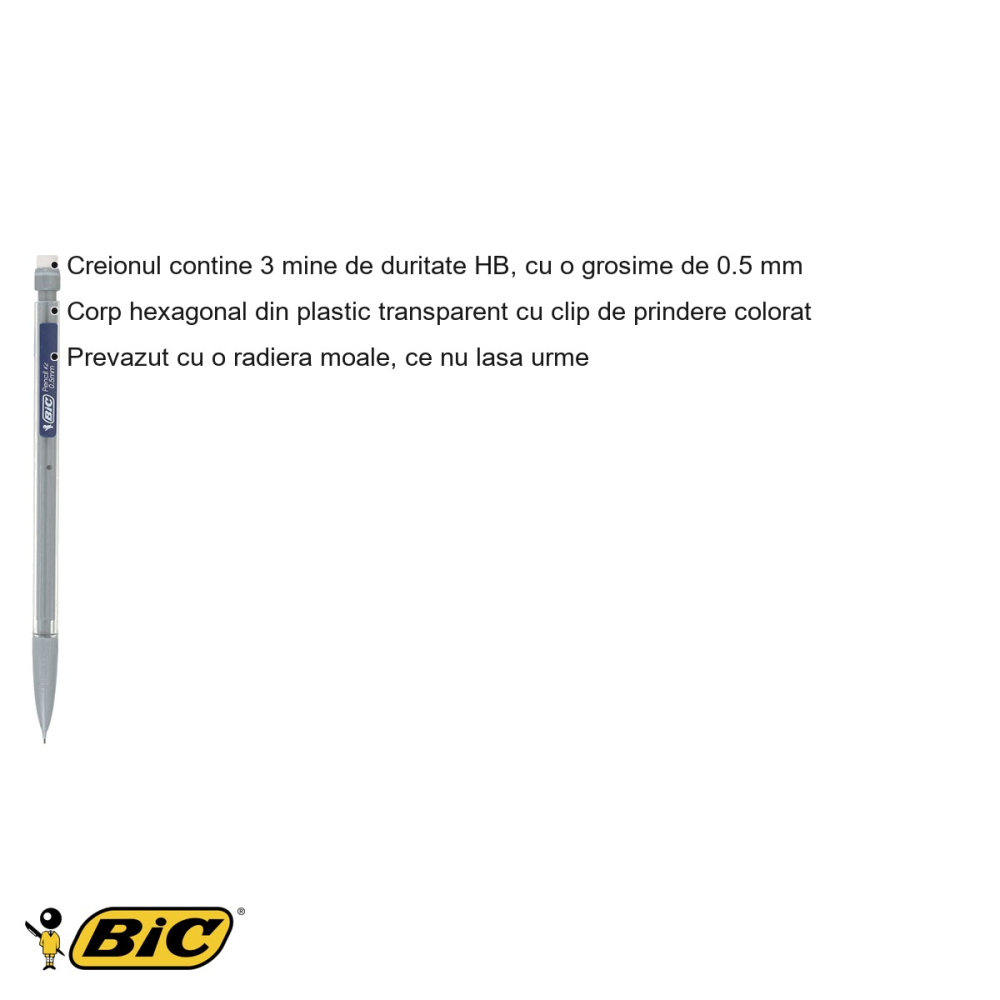 Creion mecanic Bic Matic 0.5mm, corp hexagonal transparent, cu radiera, pentru scris si desen [3]